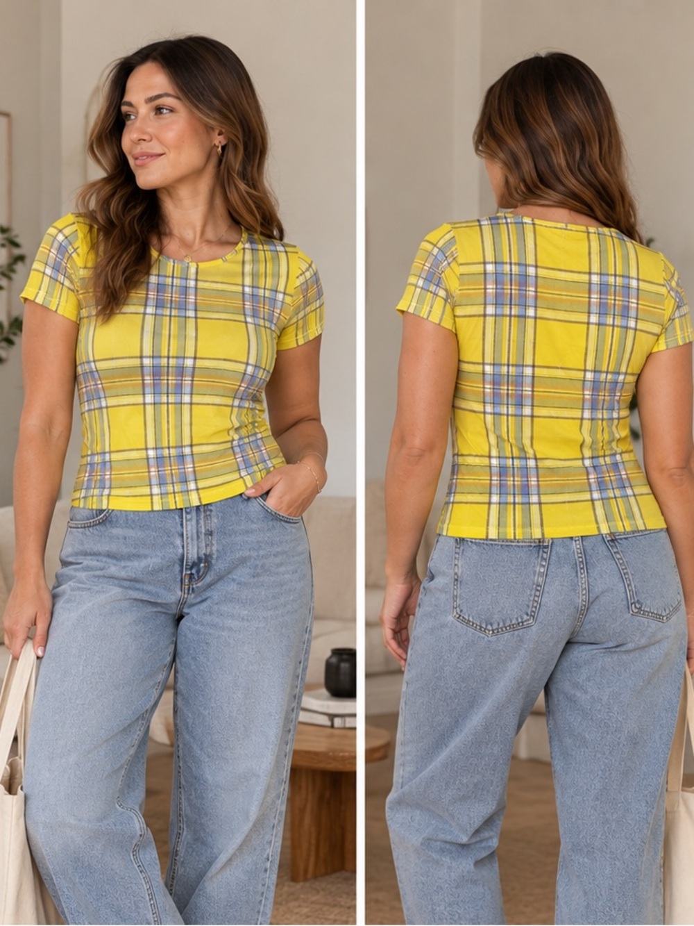 Miaou Alyssa Top | Yellow Plaid Cropped Tee | XL